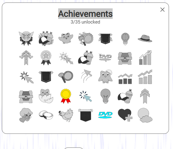 The list of achievements in Simulation Clicker.