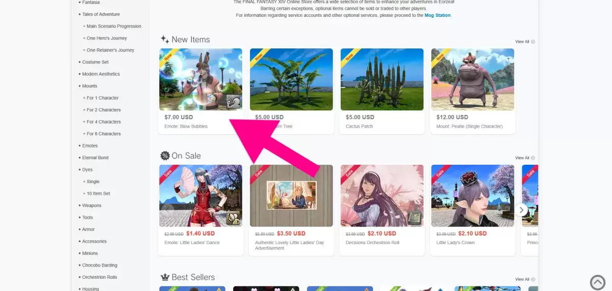 Final Fantasy XIV için mog istasyonu mağaza sayfası