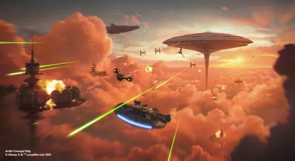 La concept art della missione Mandalorian e Grogu per Millennium Falcon: Smuggler's Run