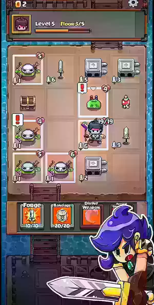 Grid Expedition gameplay showing blue-haired anime-style warrior in grid-based battle