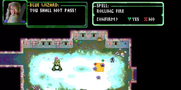 Una imagen de una cueva de hielo pixelada en la que una mujer y un monstruo en forma de orco se encuentran en la conversación.