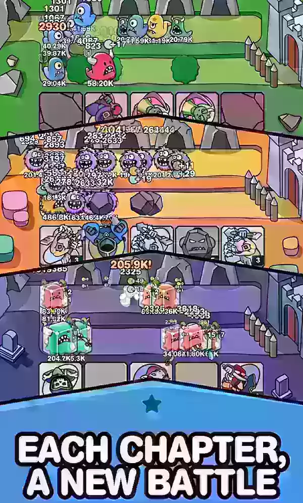 Isang screenshot ng maraming bahagi ng pagtatanggol ng bayani sa pagkilos na nagpapakita ng pagtatanggol ng tower, deckbuilding at marami pa.