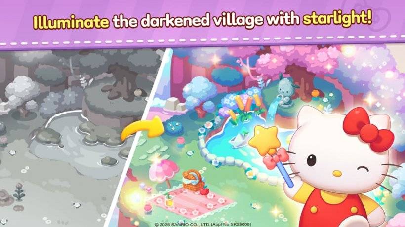 A picture of Hello Kitty waving a magic wand over a landscape that is having color restored to it