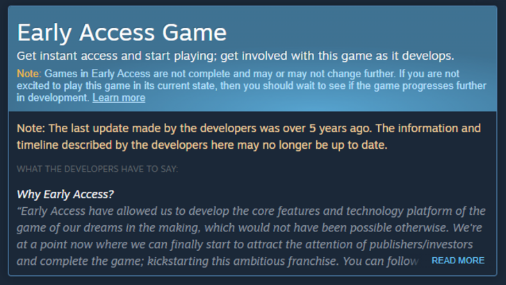 Example of a warning message for an abandoned Early Access game