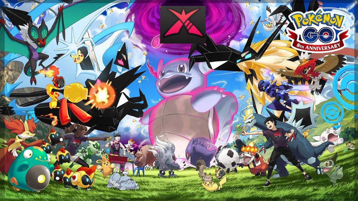 Pokemon Go 8th Anniversary Artwork z gigantycznym Wartortle, z dodanym symbolem Dynamax