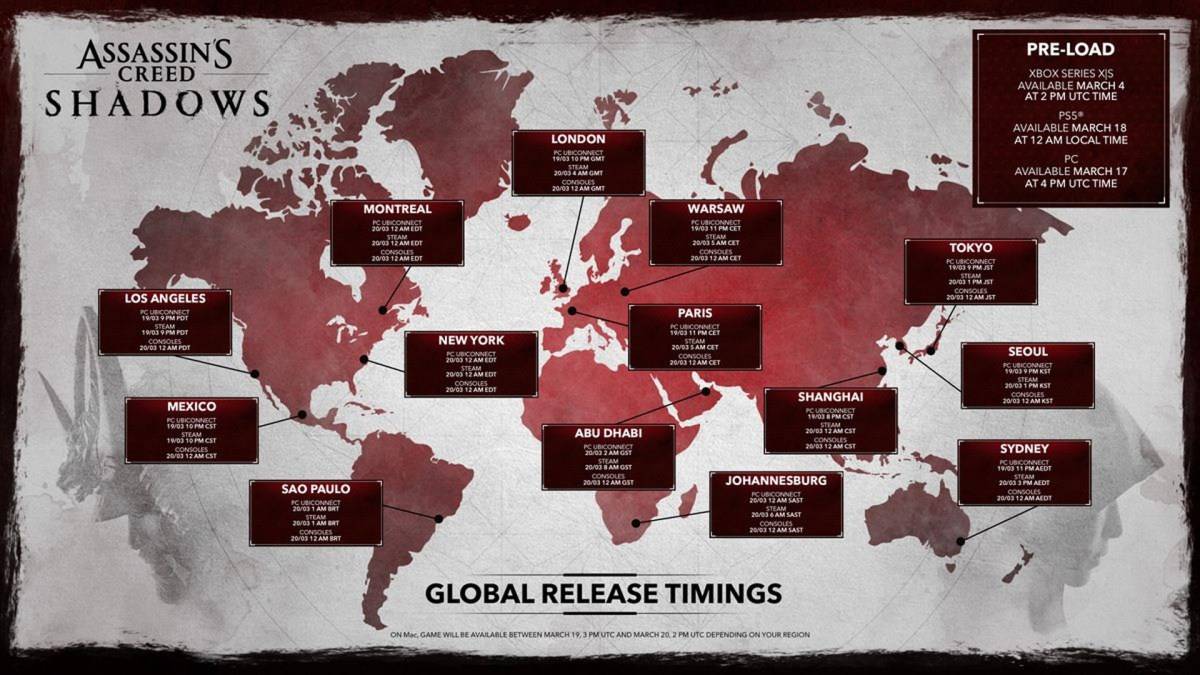 Une carte montrant les temps de version et de pré-chargement pour Assassin's Creed Shadows.