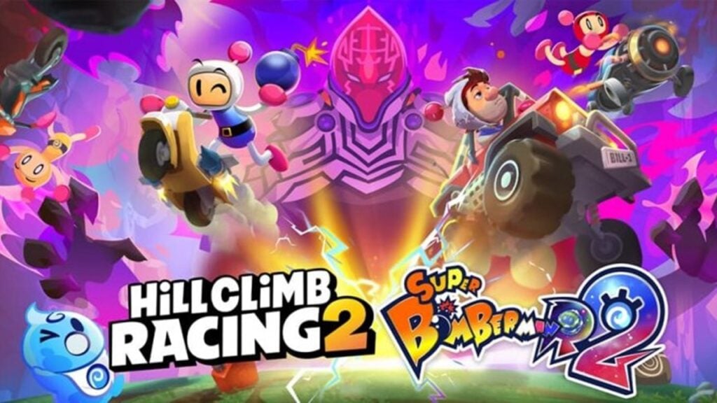 Super Bomberman R 2 se prepara para uma corrida em Hill Climb Racing 2