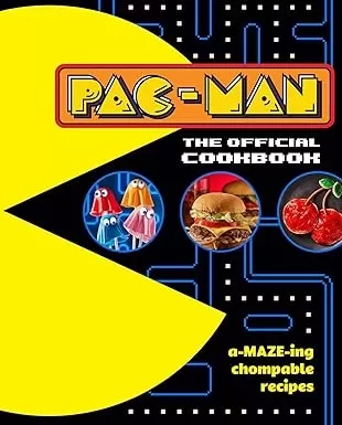 Capa do livro Pac-Man: The Official Cookbook com arranjos coloridos de comida