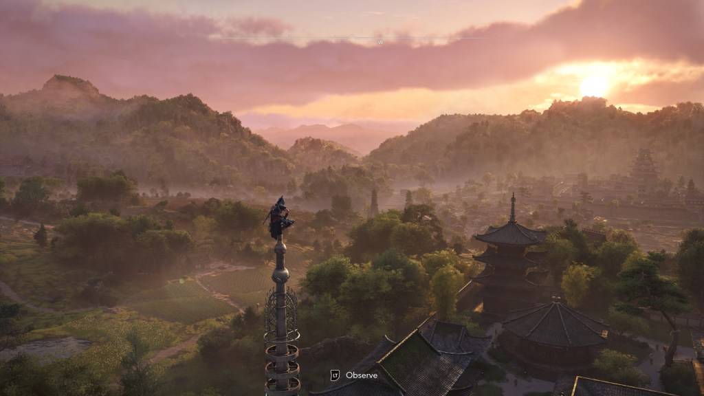 Naoe, Ubisoft aracılığıyla Assassin’in Creed Shadows'ta senkronize ettikten sonra bir alanı gözlemlemeye hazırlanıyor